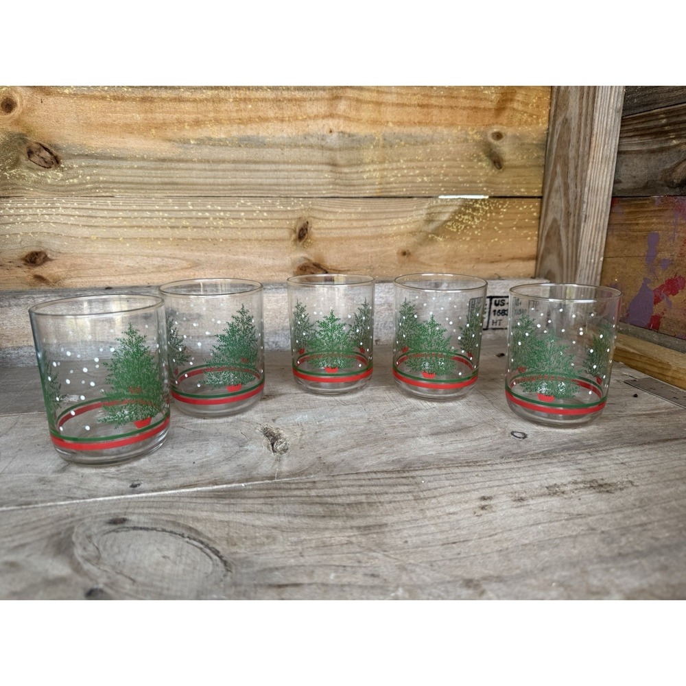 5 Vintage Libbey Christmas tree snow dots double old fashioned glass tumblers